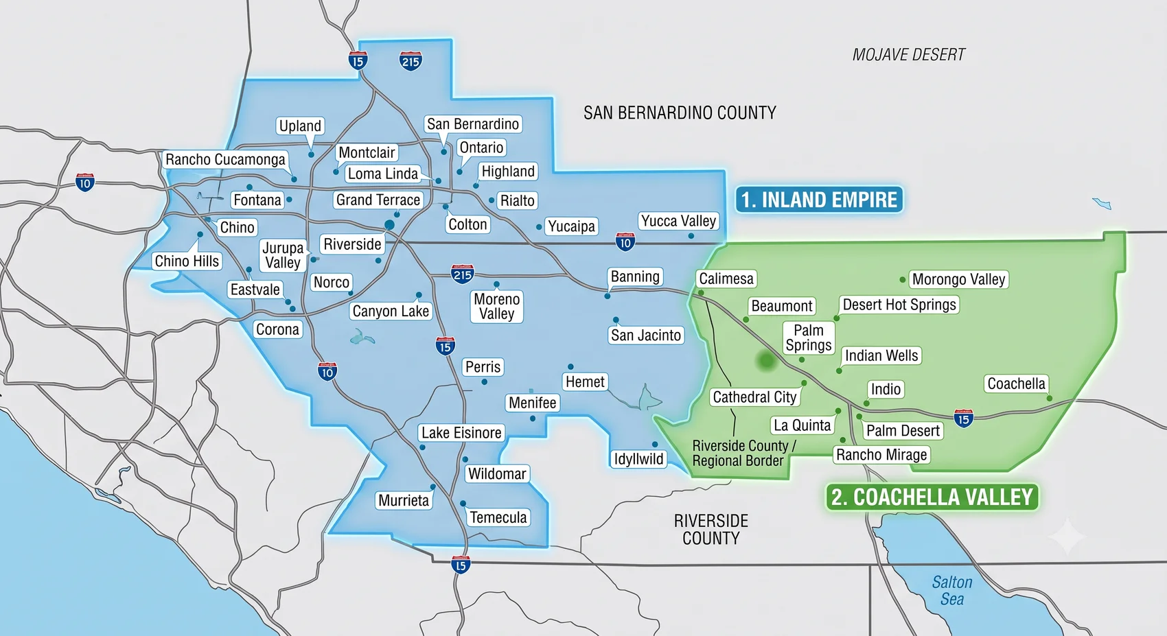 Map of the Aura One Hospice service area across Southern California, covering the Inland Empire (Riverside and San Bernardino counties) and the Coachella Valley.