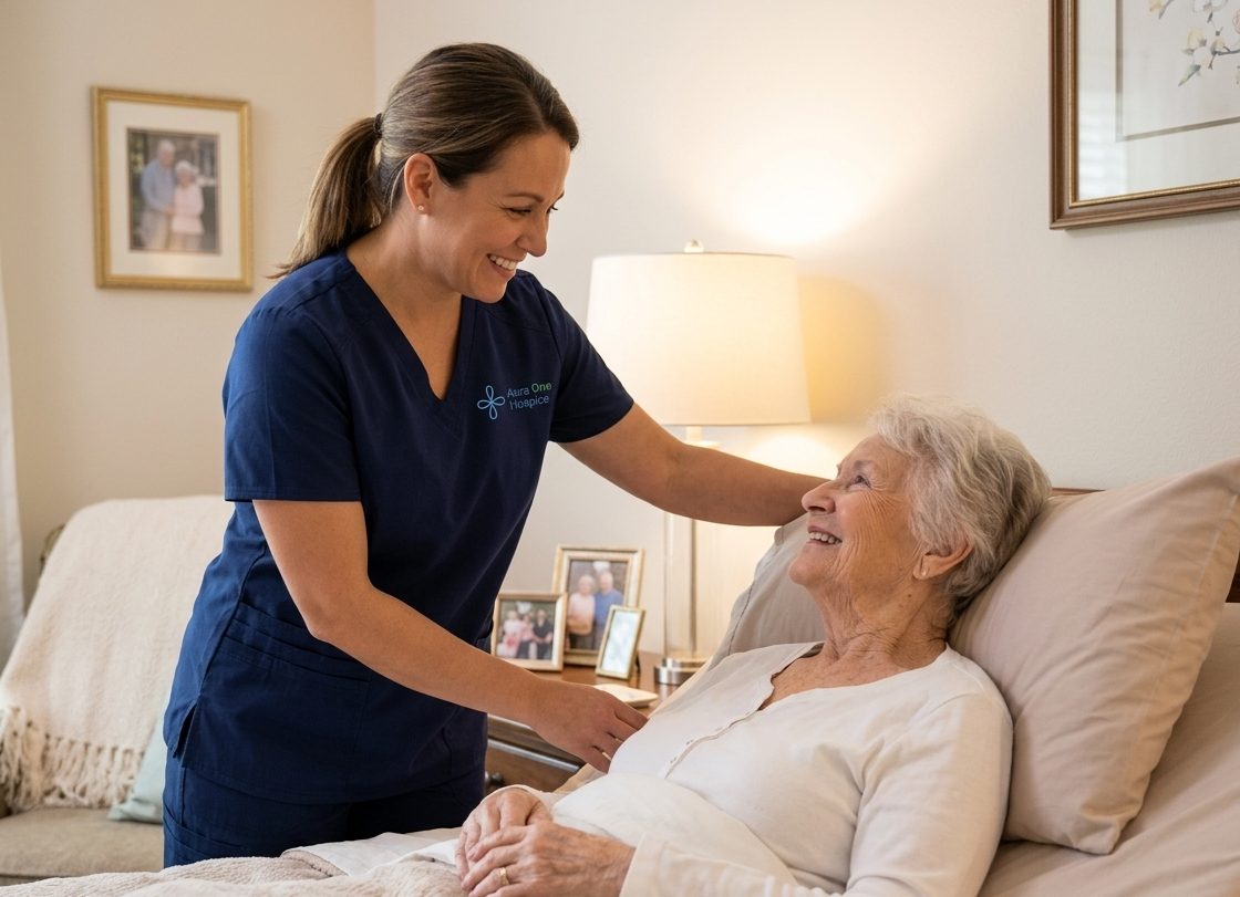 A hospice aide assisting a smiling patient in a cozy bedroom
