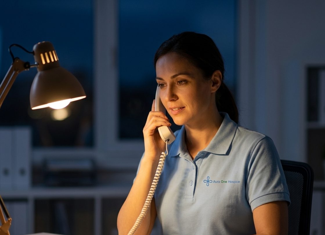 A registered nurse on the phone at night, offering reassuring guidance